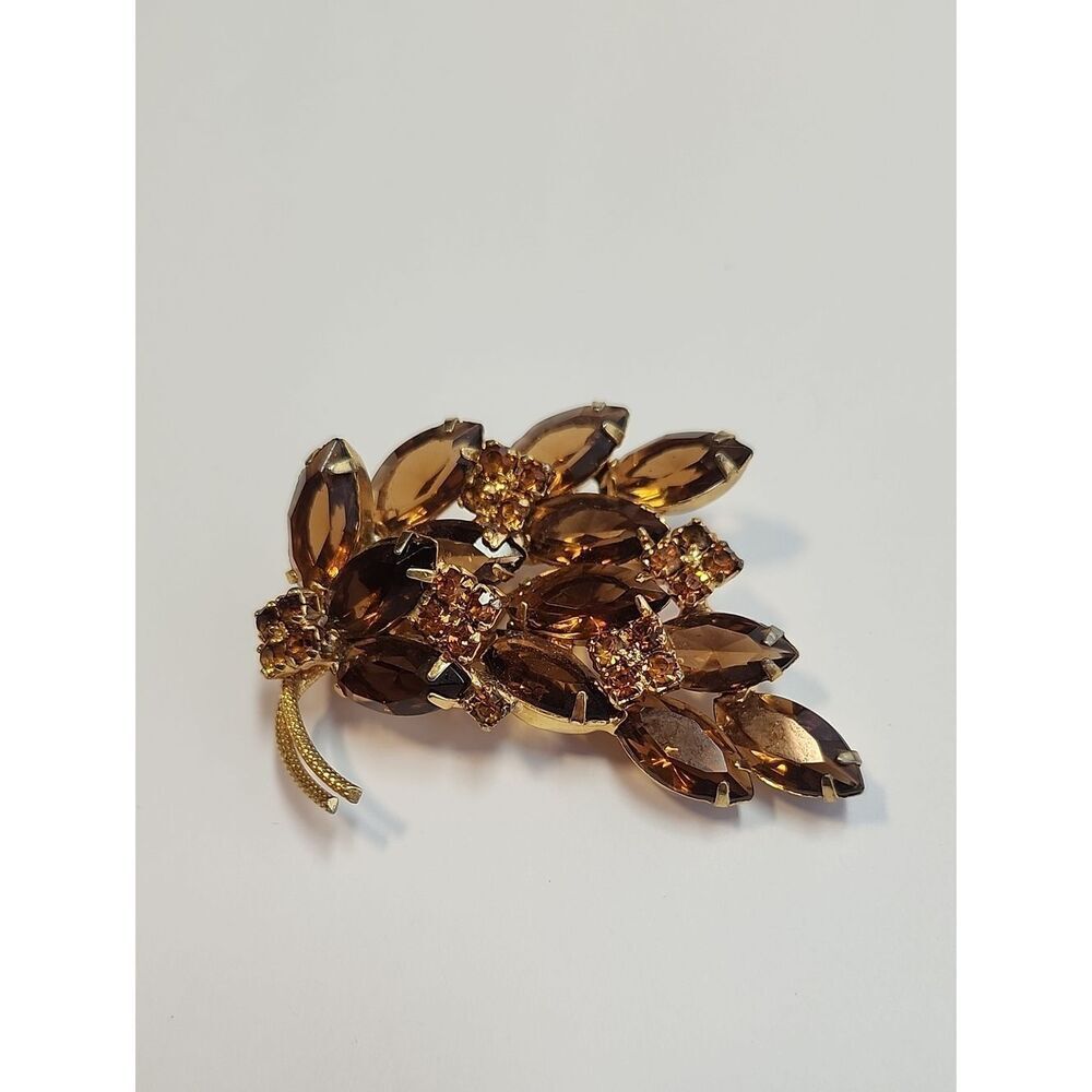 Vintage Mid Century Gold-Tone Amber Crystal Leaf Brooch - Women Jewelry